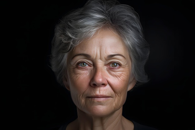 Photo portrait of senior grayhaired caucasian woman on black background