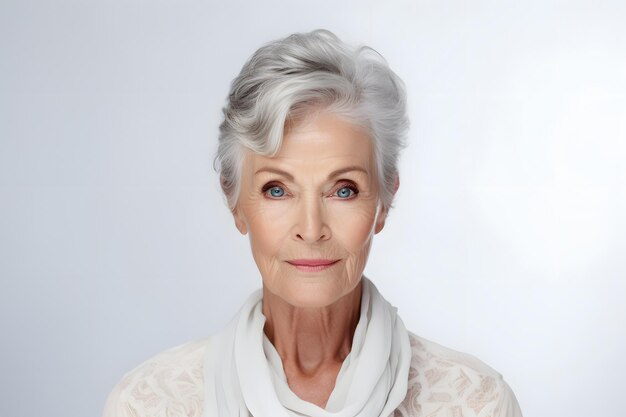 Портрет старшей седоголовой белой женщины на белом фоне Нейронная сеть сгенерирована