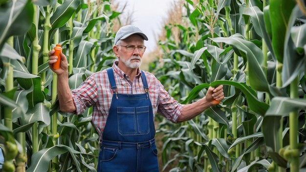 Portrait of senior hardworking farmer agronomist in corn field checking crops before harvest