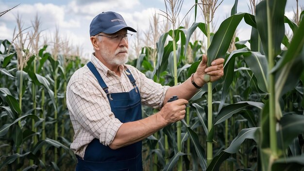 Portrait of senior hardworking farmer agronomist in corn field checking crops before harvest