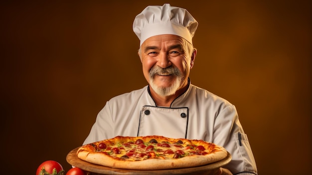 Portrait of a senior male chef holding a pizza on brown background