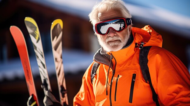 Photo portrait of a senior male skier in helmet and winter clothes on the background of snowcovered mountain slope