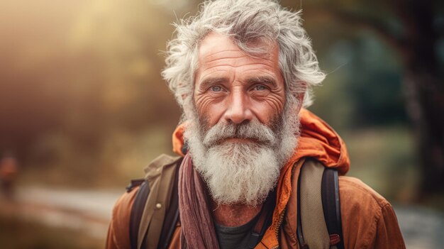 Portrait of a senior man carrying a backpack looking at camera and smiling