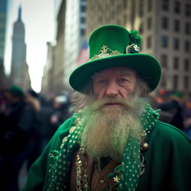 Portrait senior man in costume of Irish leprechaun on street of city Saint Patrick Day celebration