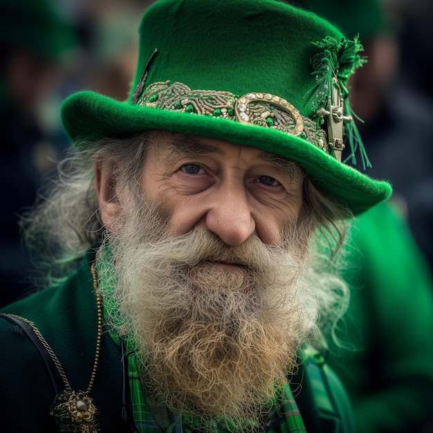 Portrait senior man in costume of Irish leprechaun on street of city Saint Patricks Day celebration