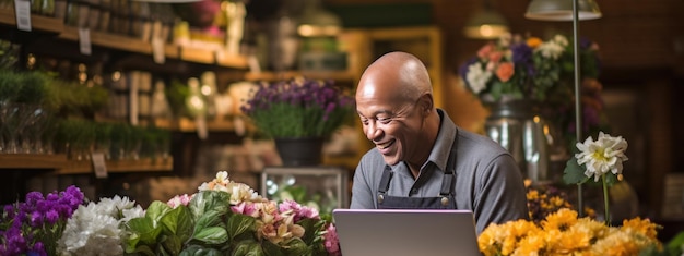 Portrait of senior man entrepreneur sitting in own flower shop working on laptop