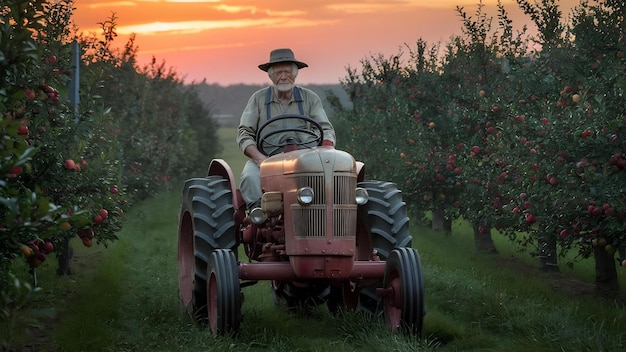 Портрет старшего фермера, управляющего своим старым ретро-стилизованным трактором через яблочный фруктовый сад