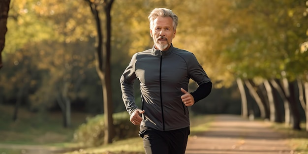 Portrait of a senior man in fitness wear running in a park