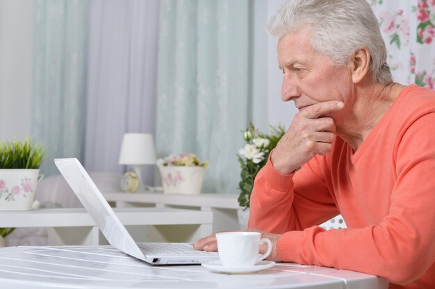 Portrait of  senior man  in the kitchen at home with laptop