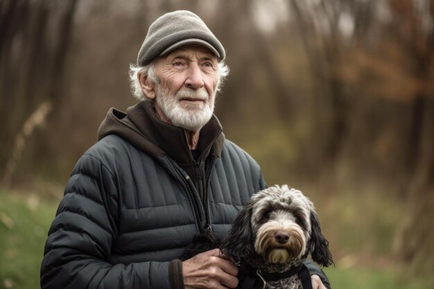 Photo portrait of a senior man out for a run with his dog created with generative ai