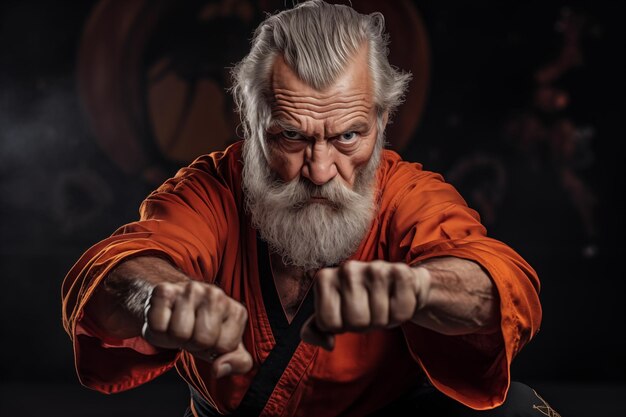 Portrait of a senior man practicing martial arts in a studio