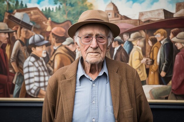 Portrait of a senior man standing next to a community mural created with generative ai