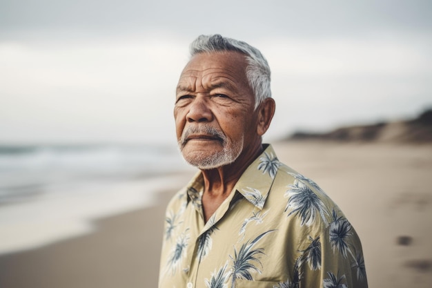 Portrait of a senior man standing out at the beach created with generative ai