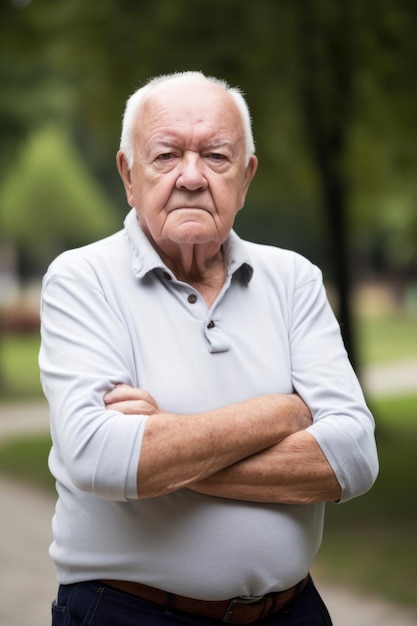 Портрет пожилого человека, стоящего с перекрестными руками снаружи