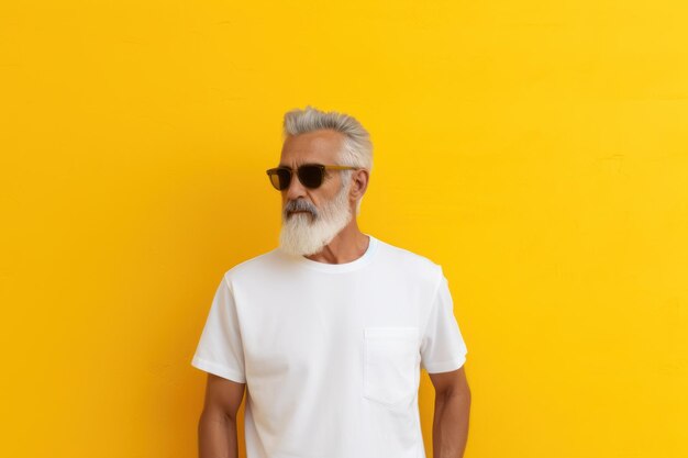 Portrait of a senior man in sunglasses on a yellow background generative ai