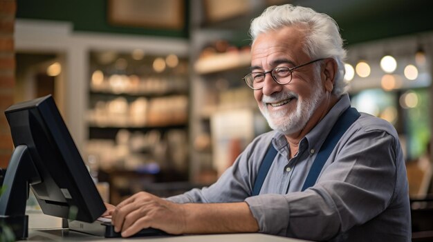 Portrait of senior man using computer in coffee shop Cheerful mature man working on computer at caf