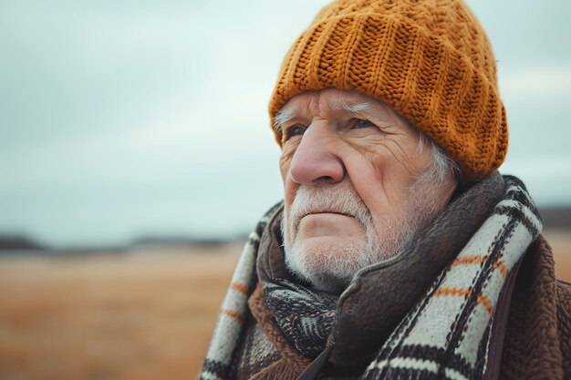 Portrait of senior man with beard scarf and orange hat looking lost