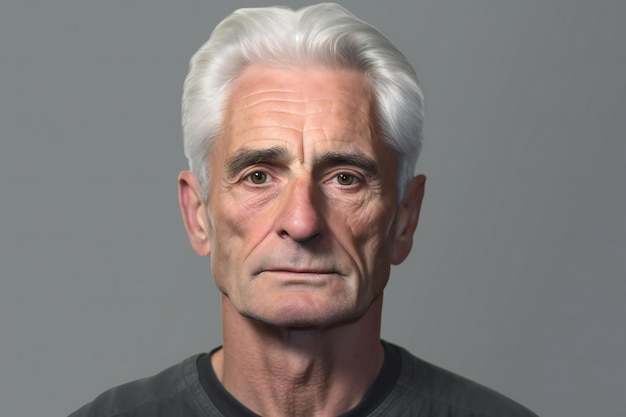 Портрет пожилого человека с седыми волосами на сером фоне