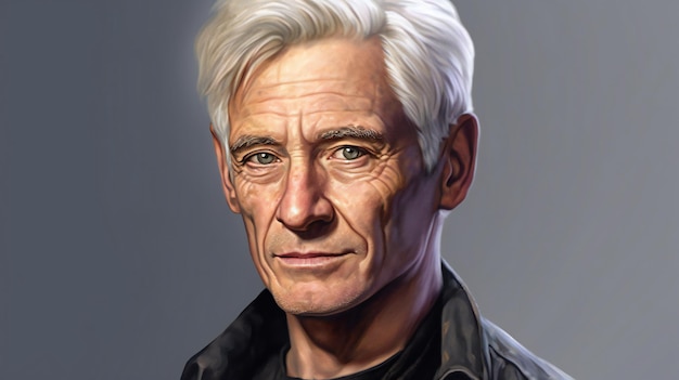 灰色の背景に白髪の年配の男性の肖像画
