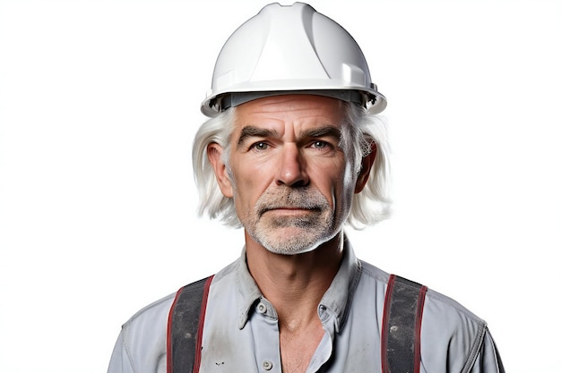 Photo portrait of a senior man with hardhat on white background