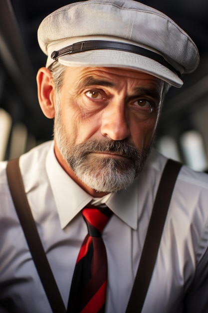 Portrait of a senior man with hat and tie in the bus