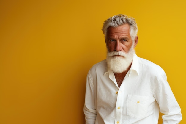 Portrait of senior man with long white beard and mustache on yellow background Generative AI