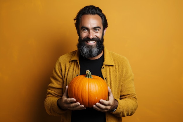 Portrait of a senior man with a pumpkin on a yellow background