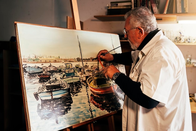 Foto ritratto di un uomo anziano che lavora a casa