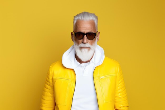 Portrait of senior man in yellow jacket and sunglasses on yellow background Generative AI