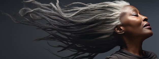 長い灰色の自然な色の鮮やかな絹のような髪を持つ成熟した中年女性の肖像画