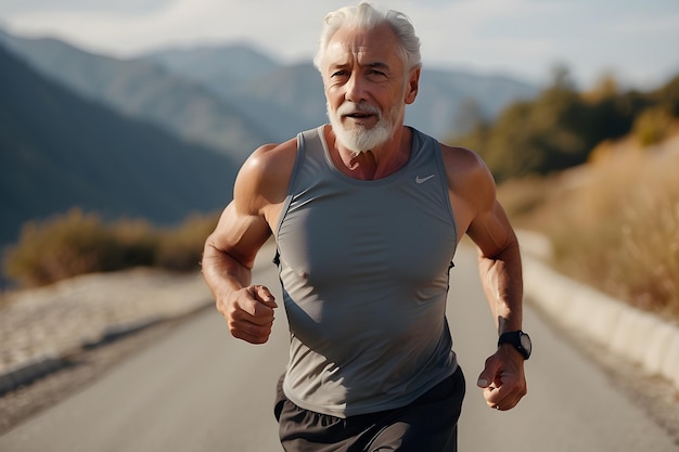 Photo portrait of a senior old man in fitness wear running in a park active happy healthy lifestyle