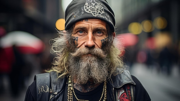 Portrait of senior tattooed man in street alternative lifestyle concept