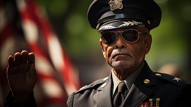 Portrait of a senior veteran saluting in military uniform on the street