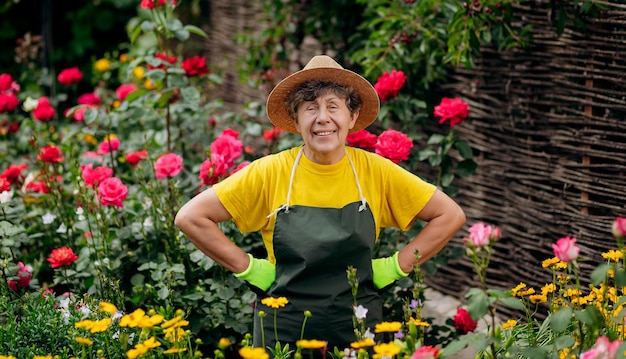 Portrait of a Senior woman gardener in a hat working in her yard with roses The concept of gardening growing and caring for flowers and plants
