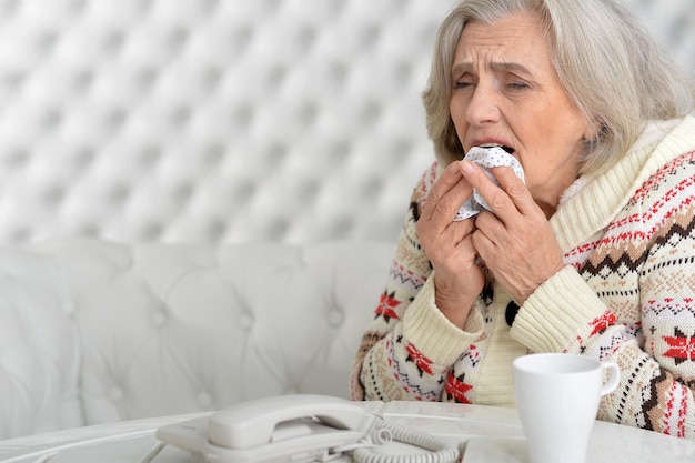 Portrait of senior woman has flu at home