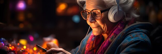 Portrait of a senior woman listening to music with headphones and smartphone