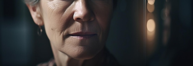Портрет пожилой женщины, смотрящей на панорамный снимок камеры, генерирующий искусственный интеллект