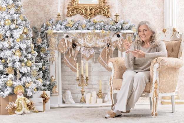 크리스마스 트리 근처에서 포즈를 취하는 노인 여성의 초상화
