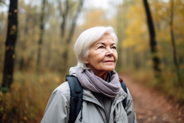 Portrait of a senior woman standing on a trail in nature created with generative ai