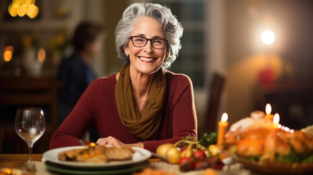 Portrait of a senior woman during Thanksgiving dinner with her family