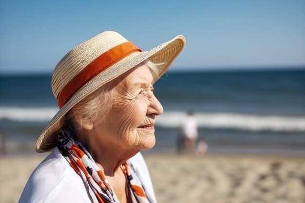 Портрет пожилой женщины, посещающей пляж, созданный с помощью генеративного искусственного интеллекта