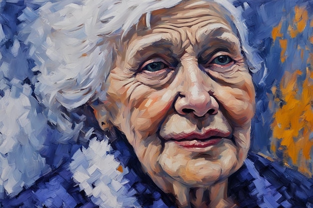 portrait of a senior woman in white blue strokes matte painting digital art