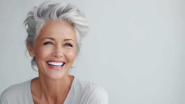 portrait of senior woman with grey hair and smiling at camera on grey background