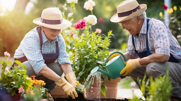 Portrait of seniors in a hat gardening