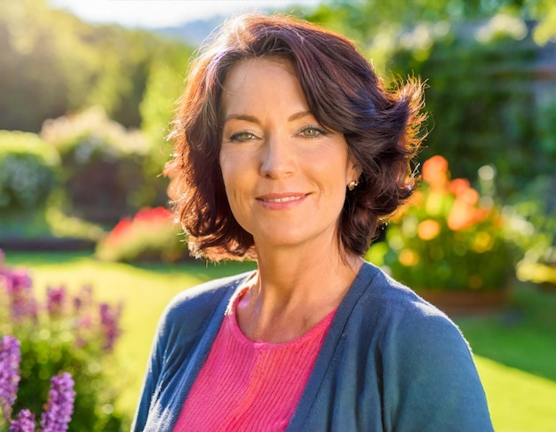 Portrait of serene mature woman in garden park outdoor