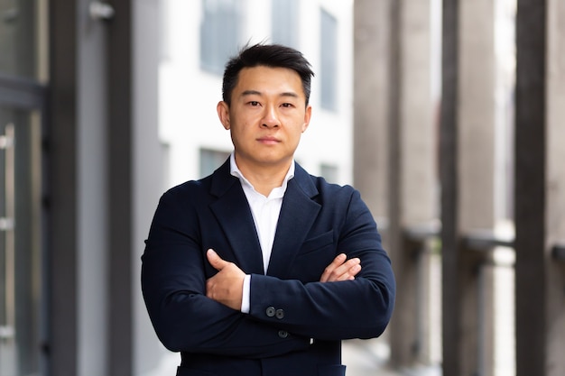 Portrait of a serious asian in a business suit looking at the camera with arms crossed