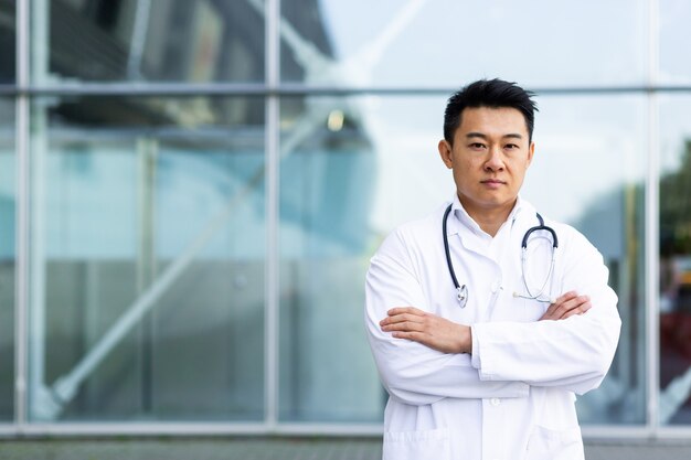 Портрет серьезного азиатского врача со скрещенными руками на фоне современной клиники на открытом воздухе