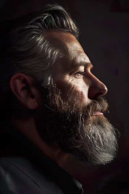 Photo portrait of serious beard man in low key light side view