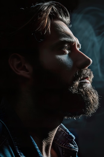 Photo portrait of serious beard man in low key light side view