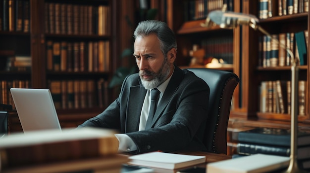 portrait of a serious bearded businessman in glasses working in the office